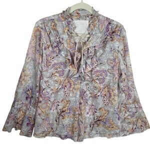 Cino Ruffle Front Blouse Floral Print Button Down Velvet Tie Size L